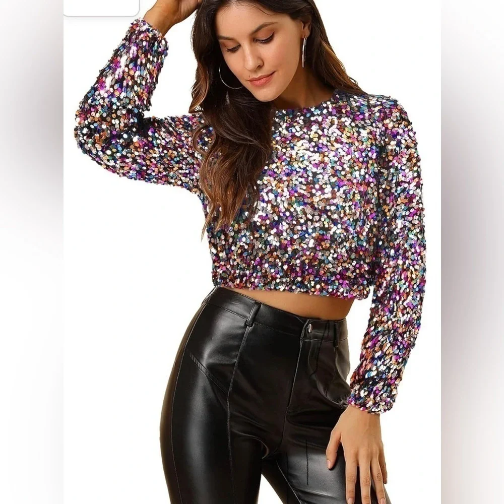 FULLY SEQUINED RAINBOW COLORED Cropped Blouse Sz XL Retro 70s Inspired Disco